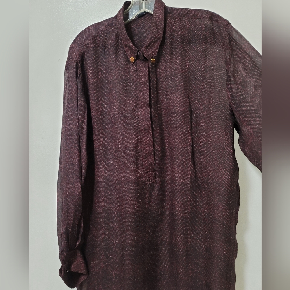 Hilfiger Collection Blouse Womens Size 10 Burgundy Herringbone Silk Tunic Shirt